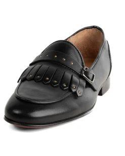 Mocassini uomo con fibbia frangia borchie scarpe copelle eleganti pelle vitello cerimonia suola di cuoio con ovalino antiscivolo casual nero GIOSAL-S1272A