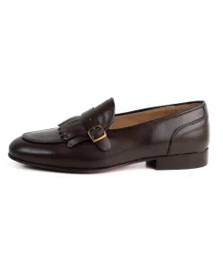 Mocassini uomo con fibbia frangia borchie scarpe copelle eleganti pelle vitello cerimonia suola di cuoio con ovalino antiscivolo casual marrone GIOSAL-S1271A