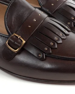 Mocassini uomo con fibbia frangia borchie scarpe copelle eleganti pelle vitello cerimonia suola di cuoio con ovalino antiscivolo casual marrone GIOSAL-S1271A