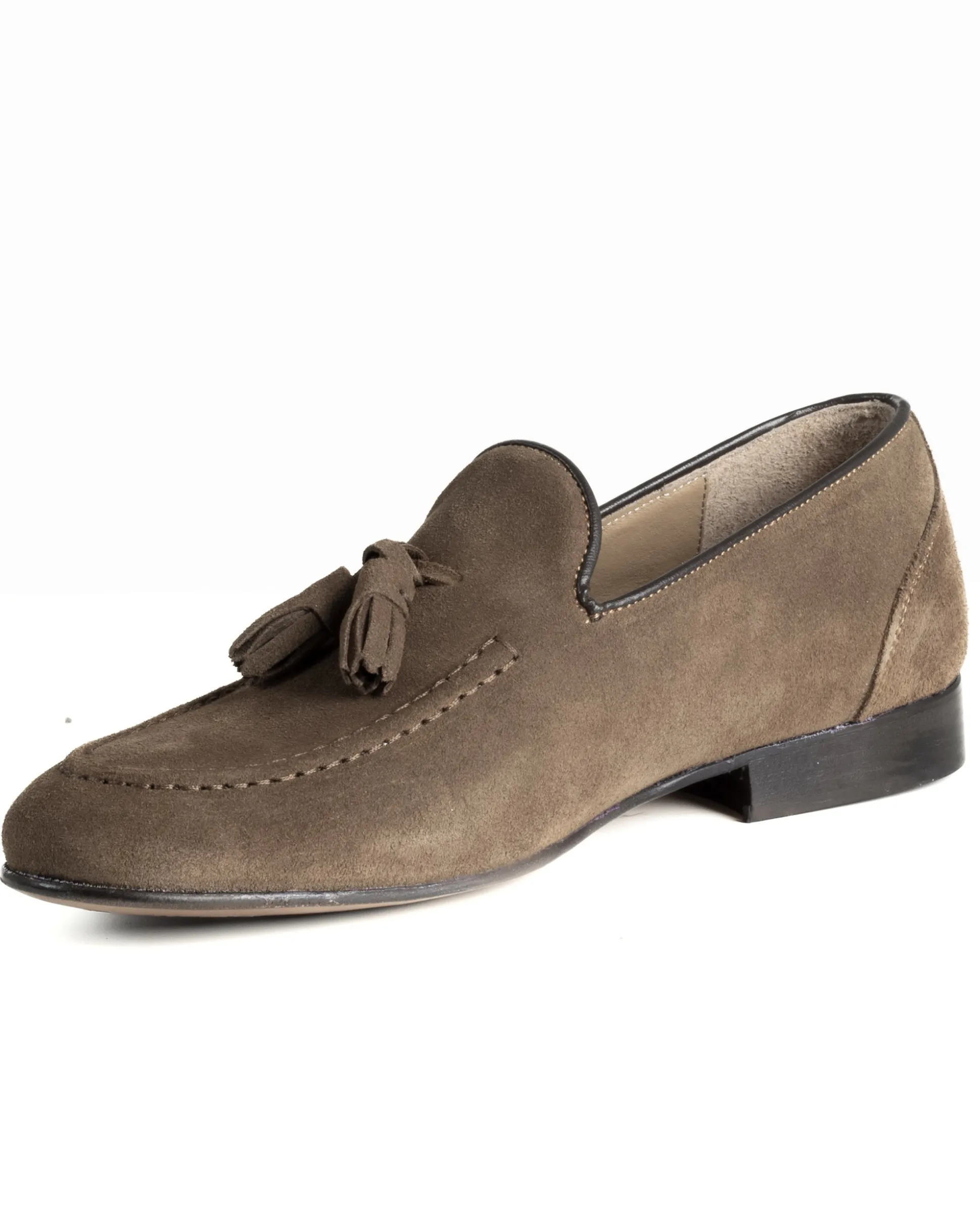 Mocassini uomo con nappine scarpe camoscio eleganti cerimonia pelle scamosciata suola di cuoio con ovalino antiscivolo casual tortora GIOSAL-S1322A