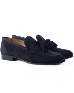 Mocassini uomo con nappine scarpe camoscio eleganti cerimonia pelle scamosciata suola di cuoio con ovalino antiscivolo casual blu GIOSAL-S1268A