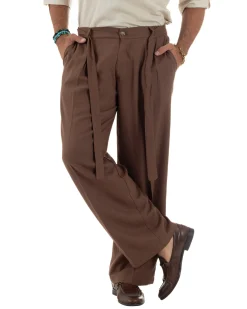 Outfit coordinato lino kimono pantaloni baggy corda morbido marrone GIOSAL-OU2559A