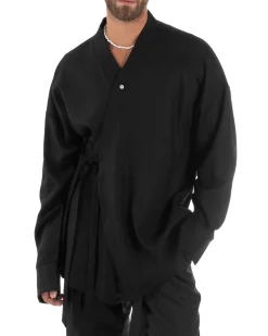 Outfit coordinato lino kimono pantaloni baggy corda morbido nero GIOSAL-OU2524A