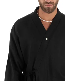 Outfit coordinato lino kimono pantaloni baggy corda morbido nero GIOSAL-OU2524A