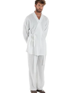 Outfit coordinato lino kimono pantaloni baggy corda morbido bianco GIOSAL-OU2523A