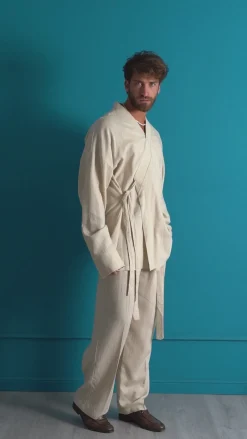 Outfit coordinato lino kimono pantaloni baggy corda morbido bianco GIOSAL-OU2523A