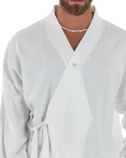 Outfit coordinato lino kimono pantaloni baggy corda morbido bianco GIOSAL-OU2523A