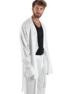 Outfit coordinato lino kimono pantaloni baggy corda morbido bianco GIOSAL-OU2523A