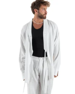 Outfit coordinato lino kimono pantaloni baggy corda morbido bianco GIOSAL-OU2523A