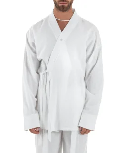 Outfit coordinato lino kimono pantaloni baggy corda morbido bianco GIOSAL-OU2523A