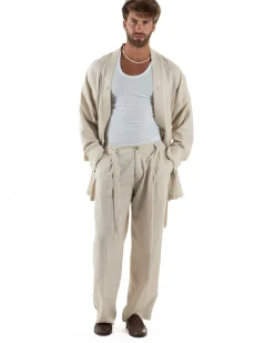 Outfit coordinato lino kimono pantaloni baggy corda morbido beige GIOSAL-OU2522A