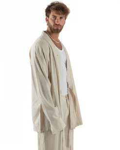 Outfit coordinato lino kimono pantaloni baggy corda morbido beige GIOSAL-OU2522A