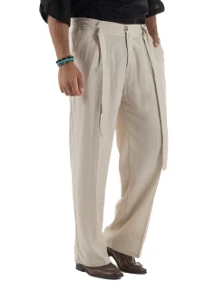 Outfit coordinato lino kimono pantaloni baggy corda morbido beige GIOSAL-OU2522A