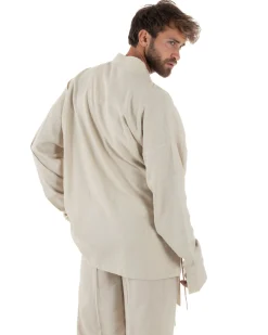 Outfit coordinato lino kimono pantaloni baggy corda morbido beige GIOSAL-OU2522A