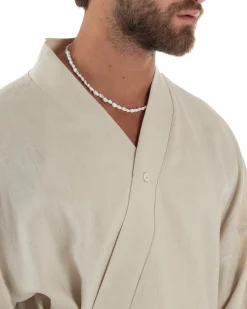 Outfit coordinato lino kimono pantaloni baggy corda morbido beige GIOSAL-OU2522A