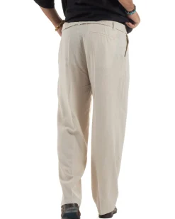 Outfit coordinato lino kimono pantaloni baggy corda morbido beige GIOSAL-OU2522A