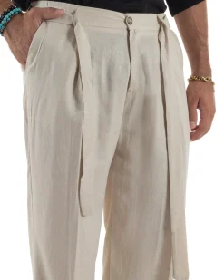 Outfit coordinato lino kimono pantaloni baggy corda morbido beige GIOSAL-OU2522A