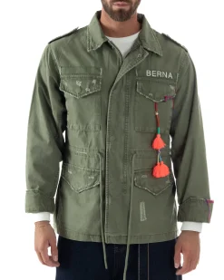 Overshirt giacca uomo sahariana destroy giubbotto camicione verde militare BERNA M-261254