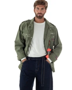 Overshirt giacca uomo sahariana destroy giubbotto camicione verde militare BERNA M-261254