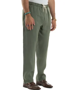 Pantalaccio Lino Regular Fit Tasca Posteriore Basic Verde P6299A