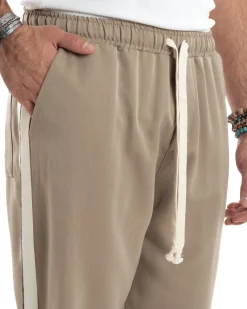 Pantalaccio Uomo Pantaloni Con Coulisse Morbido Viscosa Baggy Fondo Largo Comodo Beige Riga Lato GIOSAL-P6195A