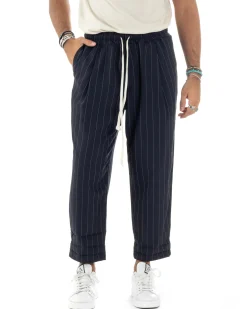 Pantalaccio Uomo Viscosa Morbido Regular Fit Pantaloni Con Coulisse Fantasia Gessata Rigato Blu GIOSAL-P6130A