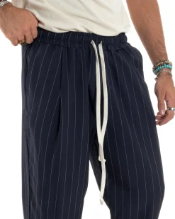 Pantalaccio Uomo Viscosa Morbido Regular Fit Pantaloni Con Coulisse Fantasia Gessata Rigato Blu GIOSAL-P6130A