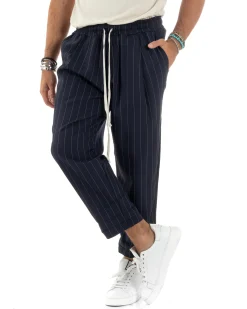 Pantalaccio Uomo Viscosa Morbido Regular Fit Pantaloni Con Coulisse Fantasia Gessata Rigato Blu GIOSAL-P6130A
