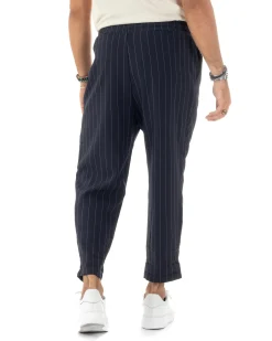 Pantalaccio Uomo Viscosa Morbido Regular Fit Pantaloni Con Coulisse Fantasia Gessata Rigato Blu GIOSAL-P6130A