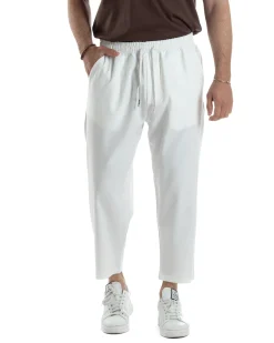 Pantalaccio Uomo Viscosa Pantaloni Casual Jogger Japan Cropped Dritto Tinta Unita Bianco GIOSAL-P6294A