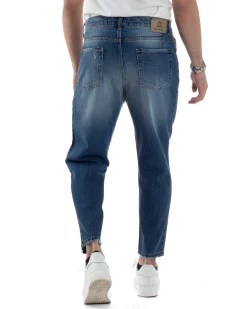 Pantaloni Jeans Uomo Loose Fit Denim Basic Blu Cinque Tasche Con Rotture GIOSAL-JS1037A