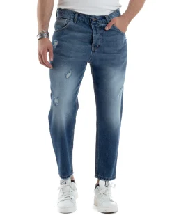 Pantaloni Jeans Uomo Loose Fit Denim Basic Blu Cinque Tasche Con Rotture GIOSAL-JS1037A