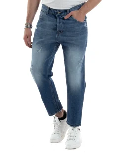 Pantaloni Jeans Uomo Loose Fit Denim Basic Blu Cinque Tasche Con Rotture GIOSAL-JS1037A