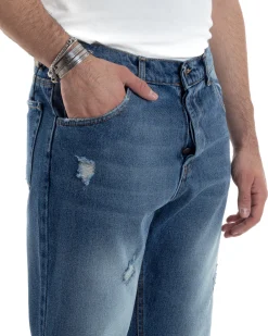 Pantaloni Jeans Uomo Loose Fit Denim Basic Blu Cinque Tasche Con Rotture GIOSAL-JS1037A