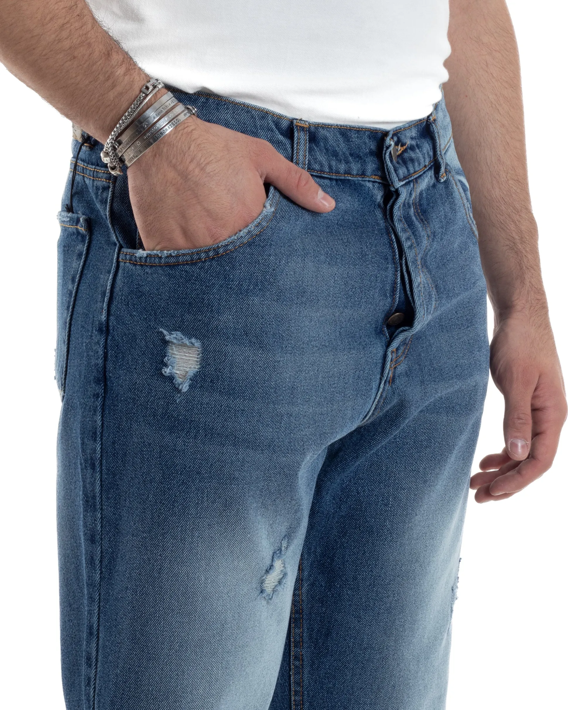 Pantaloni Jeans Uomo Loose Fit Denim Basic Blu Cinque Tasche Con Rotture GIOSAL-JS1037A