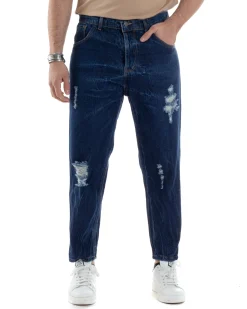 Pantaloni Jeans Uomo Loose Fit Denim Scuro Con Rotture Cinque Tasche GIOSAL-JS1034A