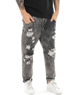Pantaloni Jeans Uomo Loose Fit Denim Con Rotture Stone Washed Nero Casual GIOSAL-P5058A