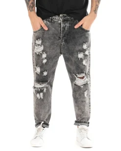 Pantaloni Jeans Uomo Loose Fit Denim Con Rotture Stone Washed Nero Casual GIOSAL-P5058A