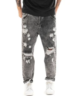 Pantaloni Jeans Uomo Loose Fit Denim Con Rotture Stone Washed Nero Casual GIOSAL-P5058A