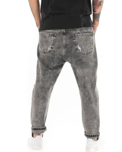 Pantaloni Jeans Uomo Loose Fit Denim Con Rotture Stone Washed Nero Casual GIOSAL-P5058A