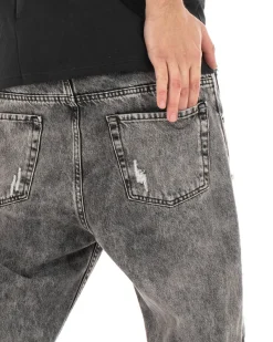 Pantaloni Jeans Uomo Loose Fit Denim Con Rotture Stone Washed Nero Casual GIOSAL-P5058A