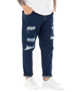 Pantaloni Jeans Uomo Loose Fit Con Rotture Sfrangiato Basic Classico Blue Denim GIOSAL-P5064A