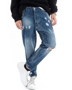 Pantaloni Jeans Uomo Loose Fit Denim Con Rotture Stone Washed Cinque Tasche Casual GIOSAL-P5590A