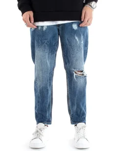 Pantaloni Jeans Uomo Loose Fit Denim Con Rotture Stone Washed Cinque Tasche Casual GIOSAL-P5590A