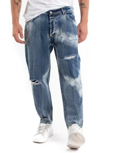 Pantaloni Jeans Uomo Loose Fit Classico Cinque Tasche Con Rotture Stone Washed Casual Denim Sfumato GIOSAL-P5472A