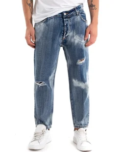 Pantaloni Jeans Uomo Loose Fit Classico Cinque Tasche Con Rotture Stone Washed Casual Denim Sfumato GIOSAL-P5472A