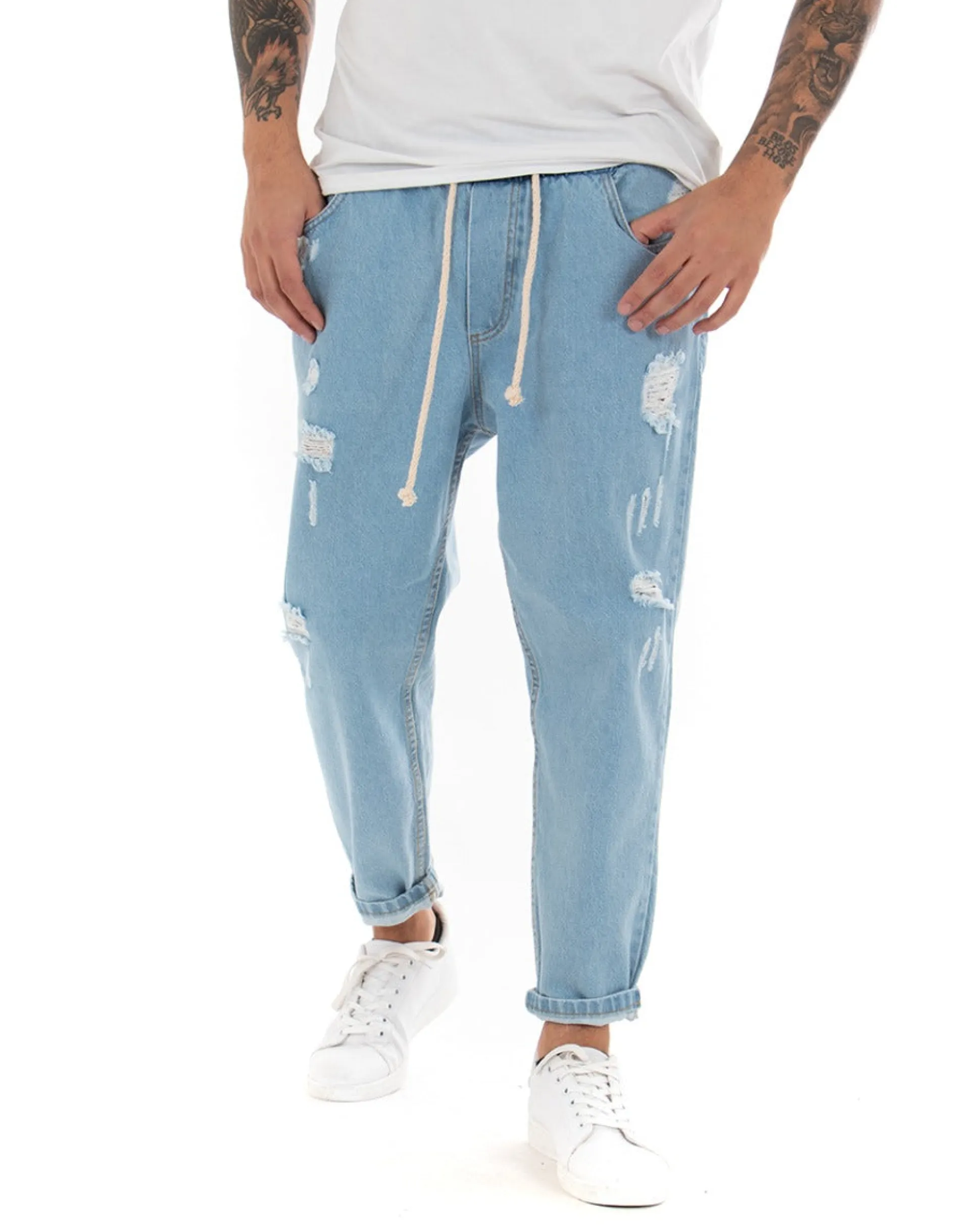 Pantaloni jeans uomo loose fit pantalaccio con rotture denim chiaro GIOSAL-P4083A