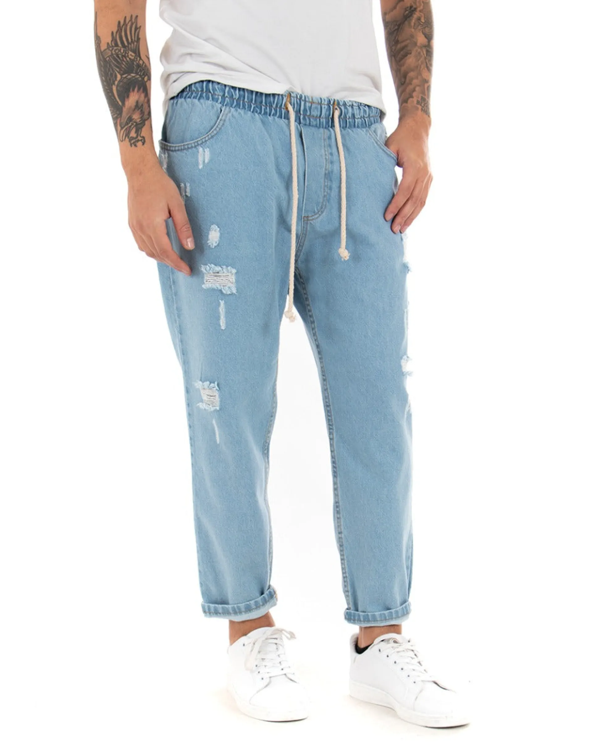 Pantaloni jeans uomo loose fit pantalaccio con rotture denim chiaro GIOSAL-P4083A