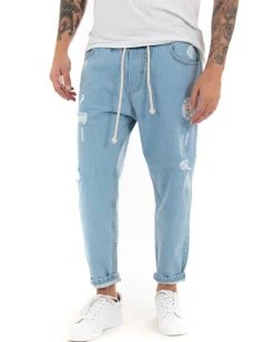 Pantaloni jeans uomo loose fit pantalaccio con rotture denim chiaro GIOSAL-P4083A