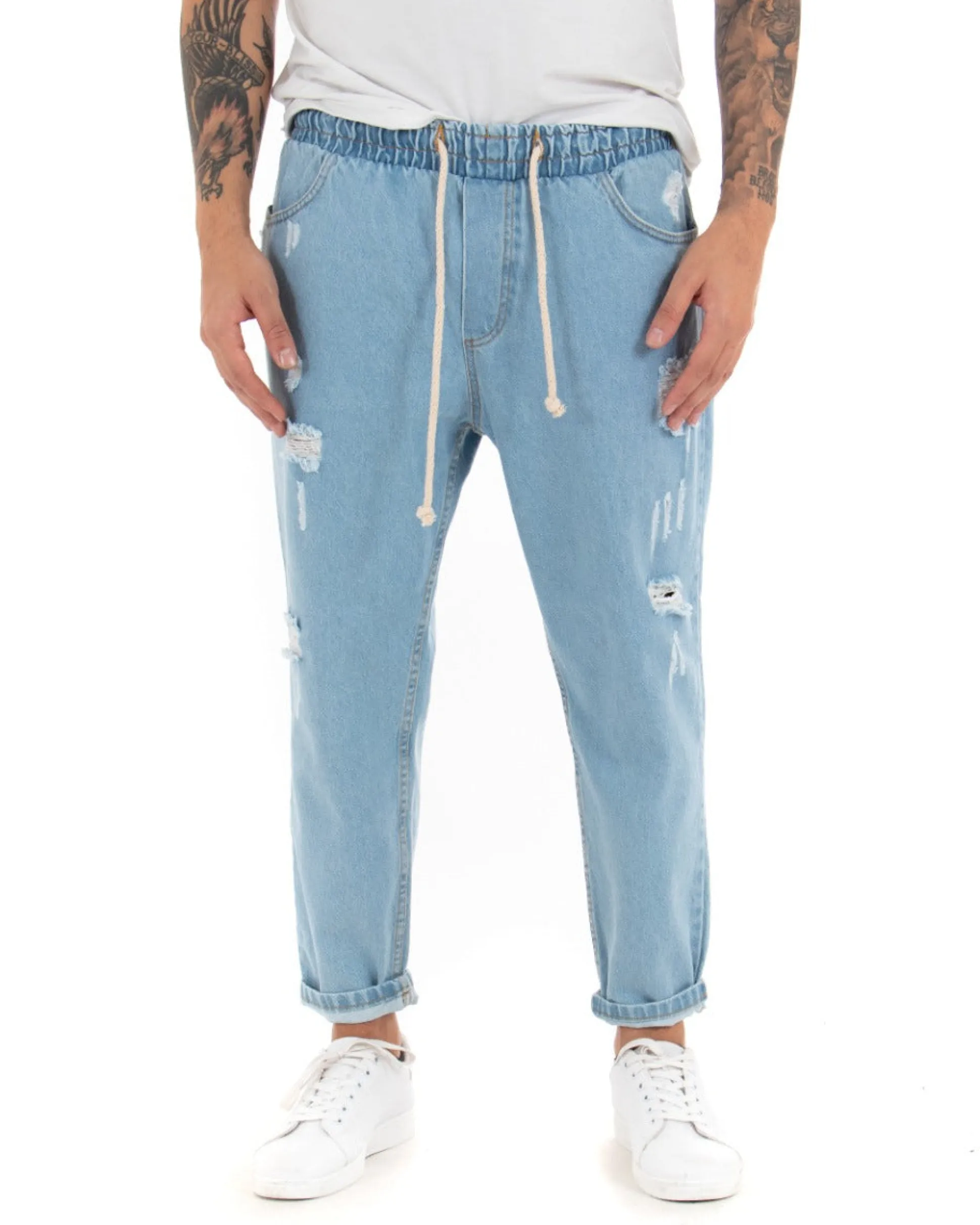 Pantaloni jeans uomo loose fit pantalaccio con rotture denim chiaro GIOSAL-P4083A